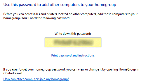 Windows 7 Create Homegroup Password Instruction Window